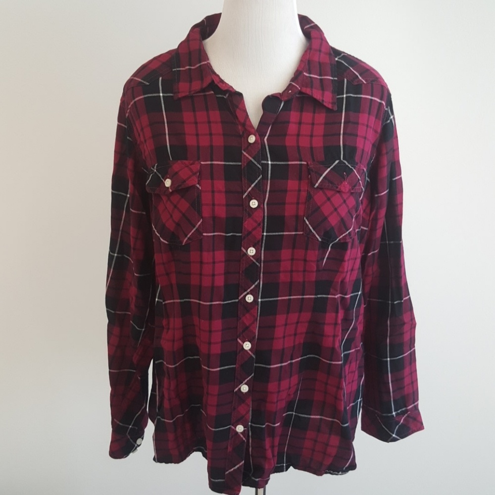 Magenta colored plaid blouse